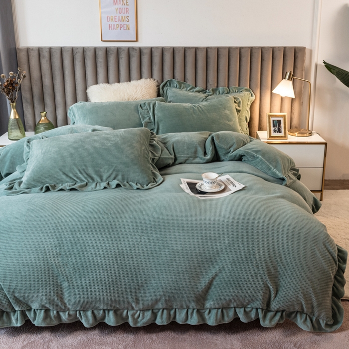 91家纺网 家纺一手货源 找家纺 （总）印季家纺 2025新款华夫格牛奶绒花边四件套