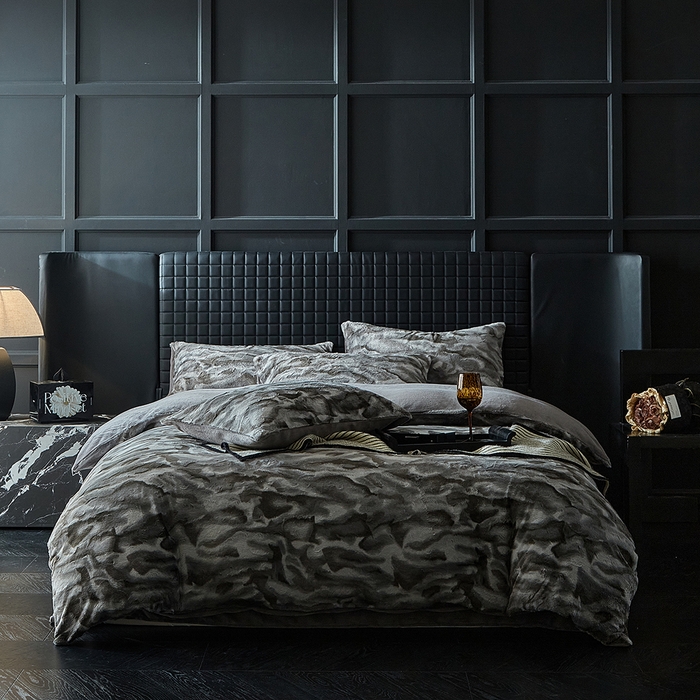 缘生活 2025新款消光仿兔毛绒印花绒四件套 消光印花绒-灰色