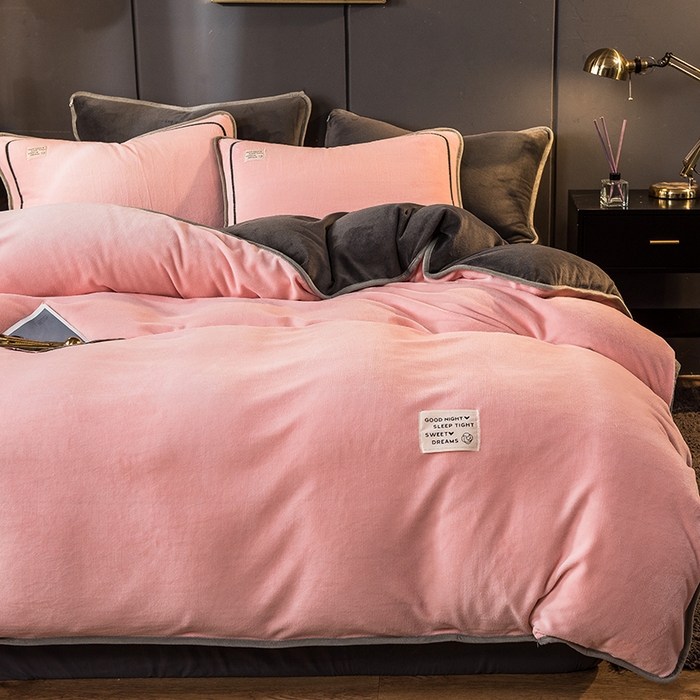 印季家纺 2025新款牛奶绒纯色包边四件套 嫩粉-深灰