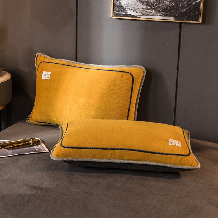 91家纺网 家纺一手货源 找家纺 印季家纺 2025新款牛奶绒纯色包边四件套 姜黄-深灰