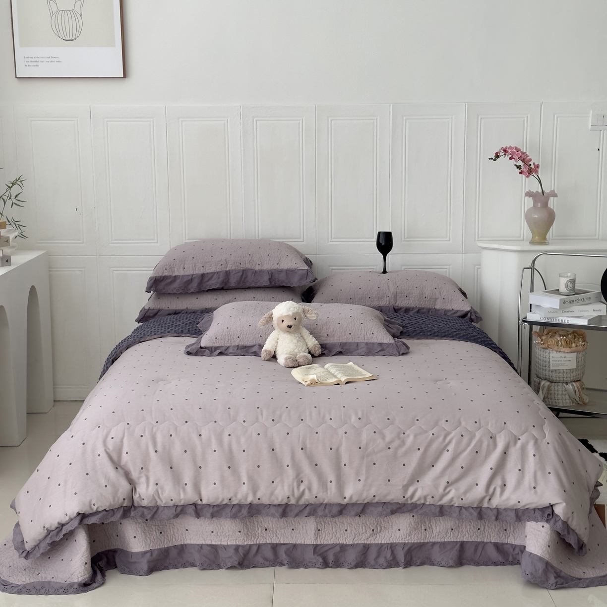 91家纺网 家纺一手货源 找家纺 佰织鑫家居 2025秋冬新品全棉法式床盖款豆豆被四件套 波点紫