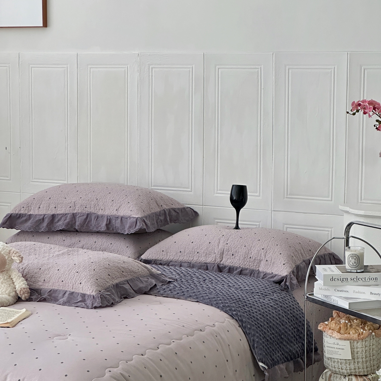 91家纺网 家纺一手货源 找家纺 佰织鑫家居 2025秋冬新品全棉法式床盖款豆豆被四件套 波点紫