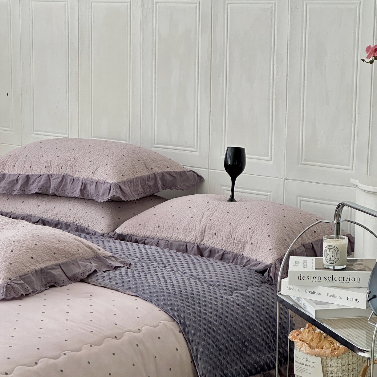 91家纺网 家纺一手货源 找家纺 佰织鑫家居 2025秋冬新品全棉法式床盖款豆豆被四件套 波点紫