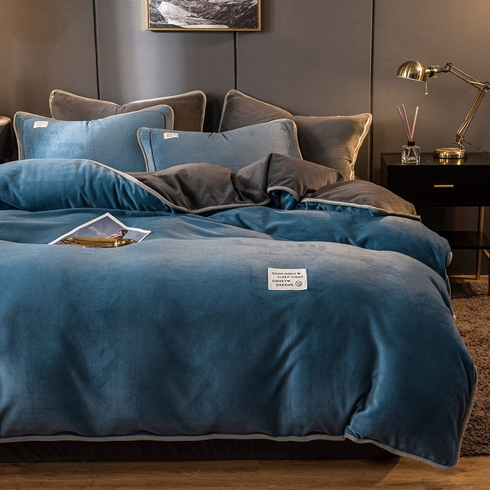 印季家纺 2025新款牛奶绒纯色包边四件套 蓝灰-深灰