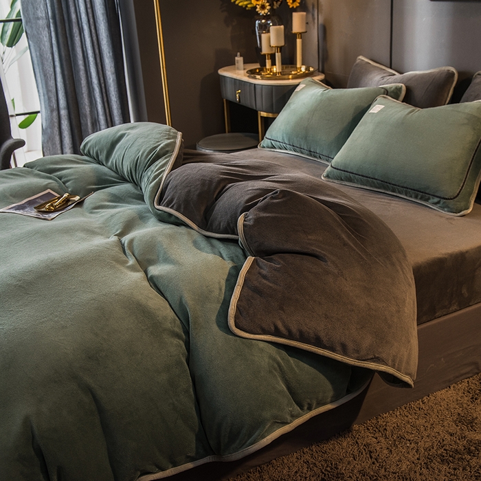 91家纺网 家纺一手货源 找家纺 印季家纺 2025新款牛奶绒纯色包边四件套 灰绿-深灰