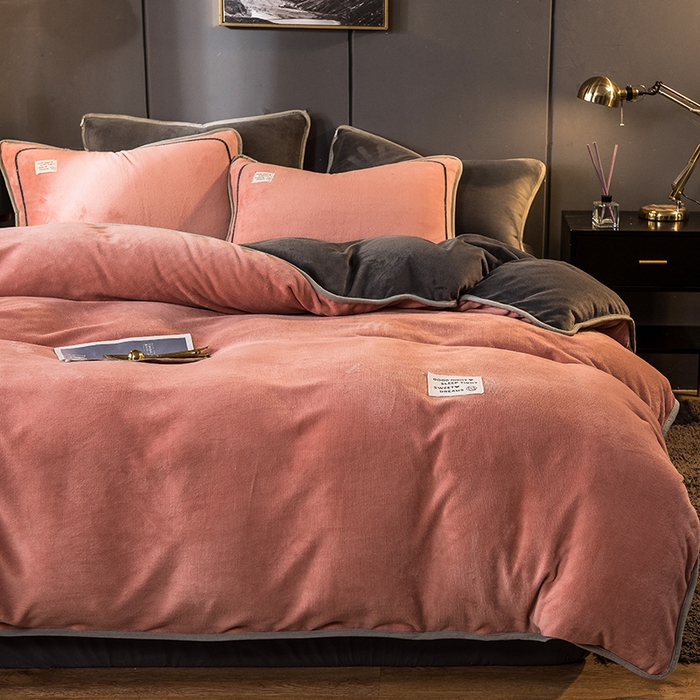 印季家纺 2025新款牛奶绒纯色包边四件套 豆沙-深灰