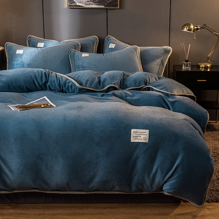 印季家纺 2025新款牛奶绒纯色包边四件套 蓝灰