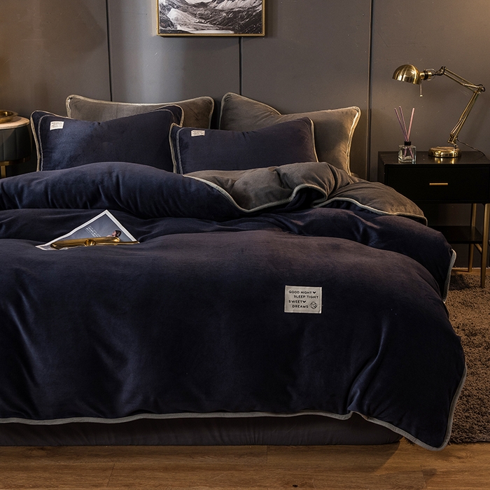 印季家纺 2025新款牛奶绒纯色包边四件套 宝蓝-深灰