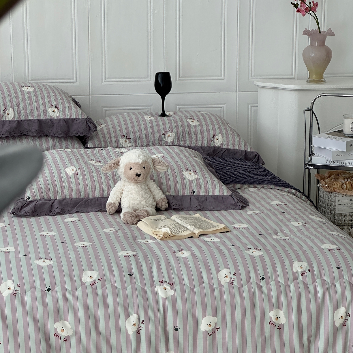 91家纺网 家纺一手货源 找家纺 佰织鑫家居 2025秋冬新品全棉法式床盖款豆豆被四件套 泰迪紫