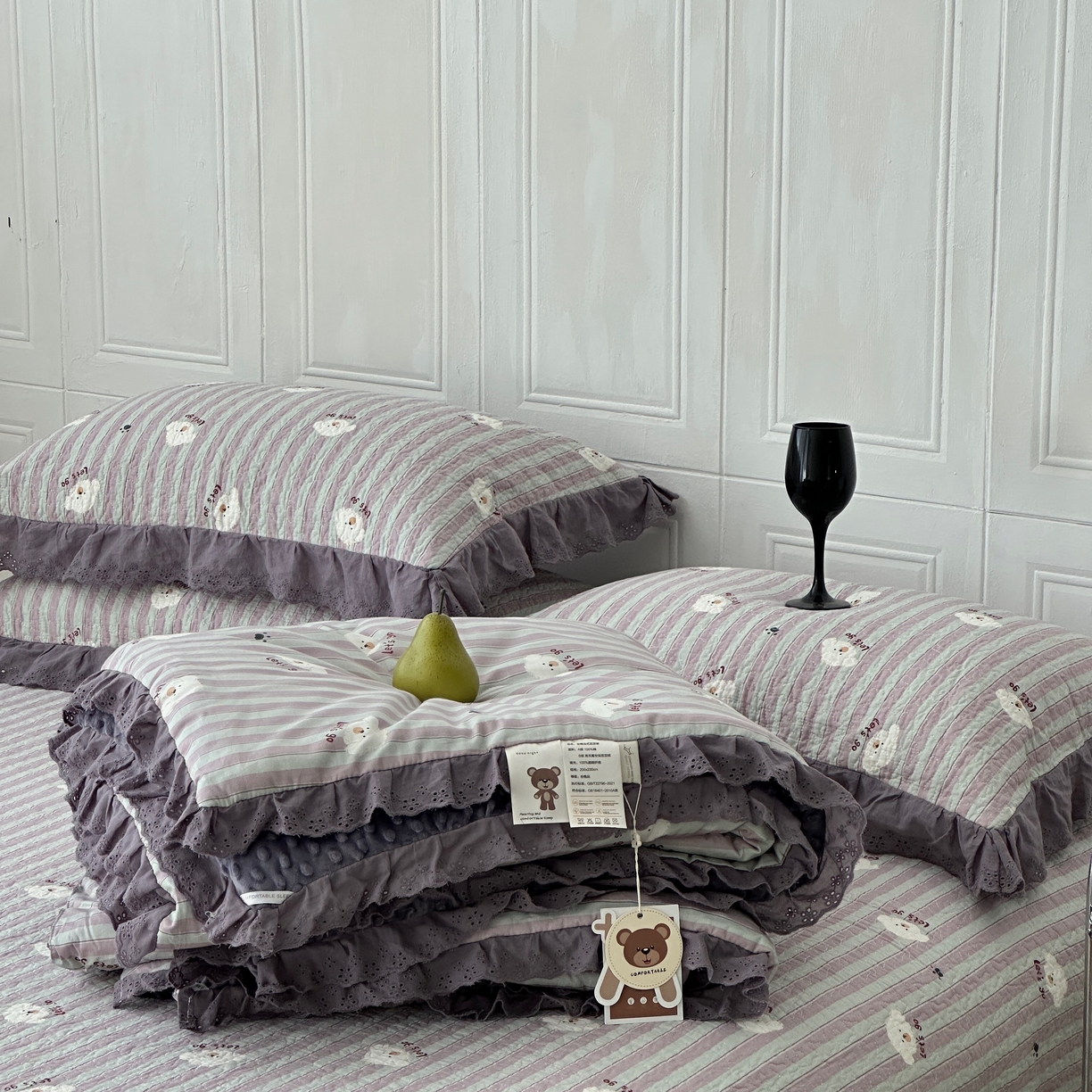 91家纺网 家纺一手货源 找家纺 佰织鑫家居 2025秋冬新品全棉法式床盖款豆豆被四件套 泰迪紫