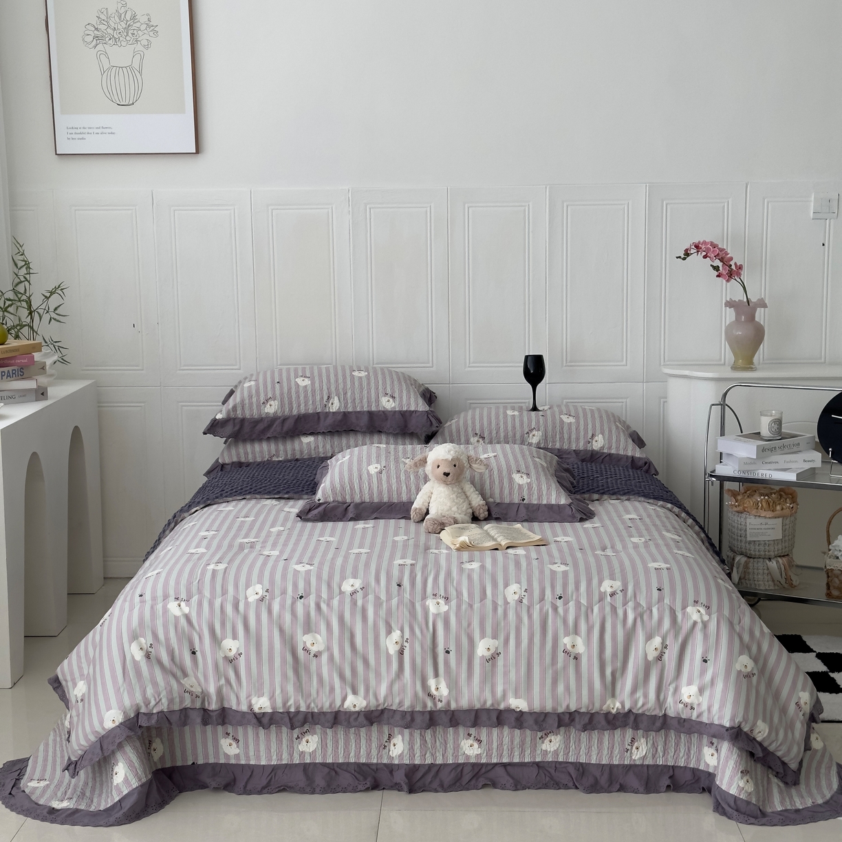 91家纺网 家纺一手货源 找家纺 佰织鑫家居 2025秋冬新品全棉法式床盖款豆豆被四件套 泰迪紫