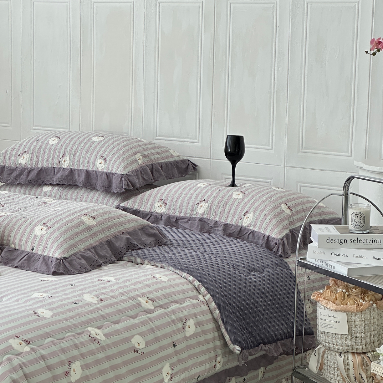 91家纺网 家纺一手货源 找家纺 佰织鑫家居 2025秋冬新品全棉法式床盖款豆豆被四件套 泰迪紫