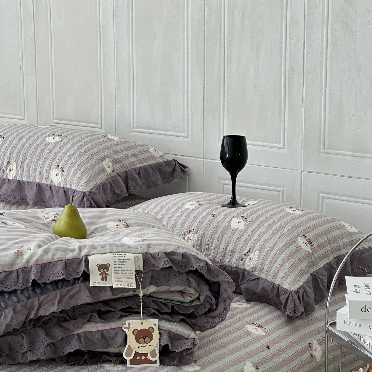 91家纺网 家纺一手货源 找家纺 佰织鑫家居 2025秋冬新品全棉法式床盖款豆豆被四件套 泰迪紫