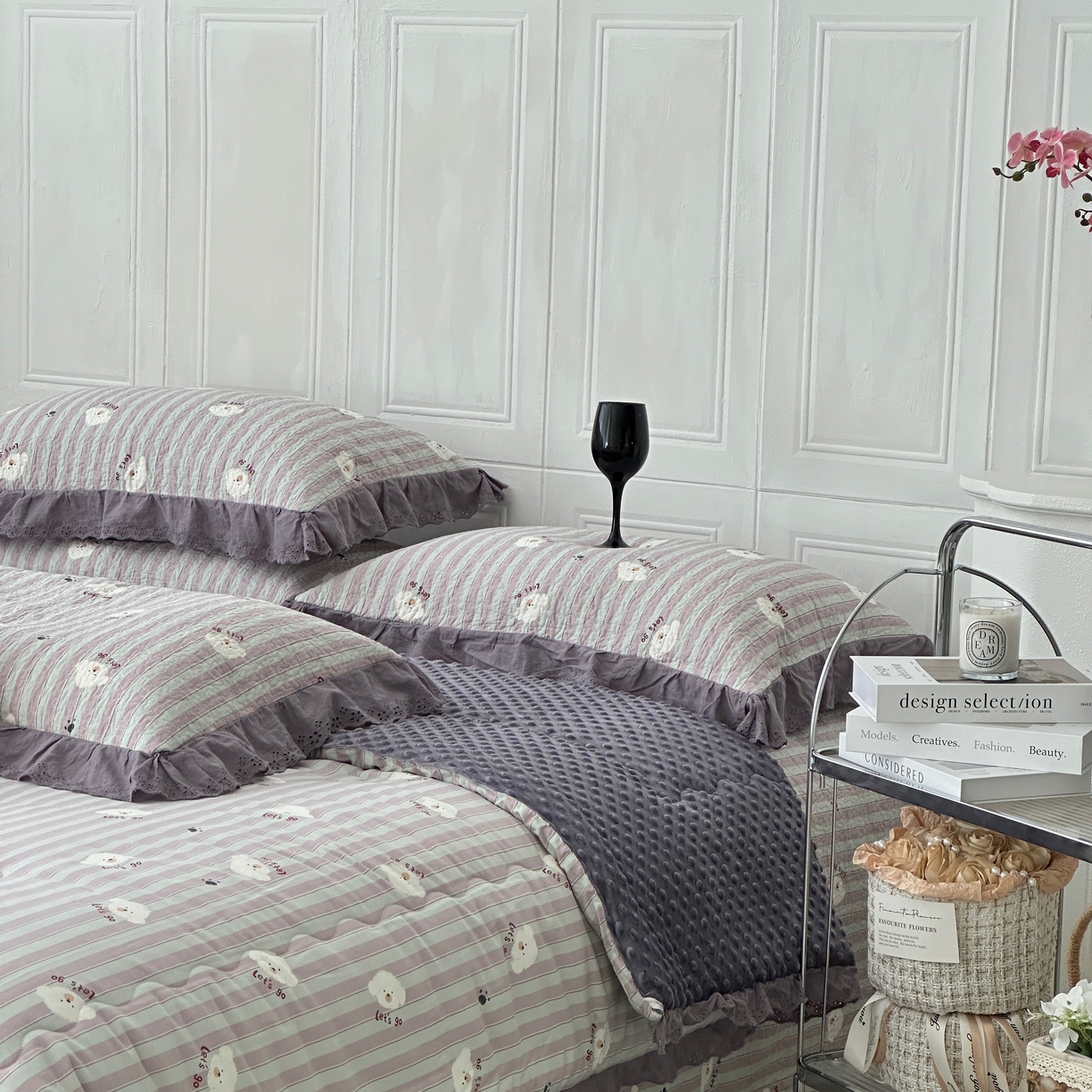 91家纺网 家纺一手货源 找家纺 佰织鑫家居 2025秋冬新品全棉法式床盖款豆豆被四件套 泰迪紫