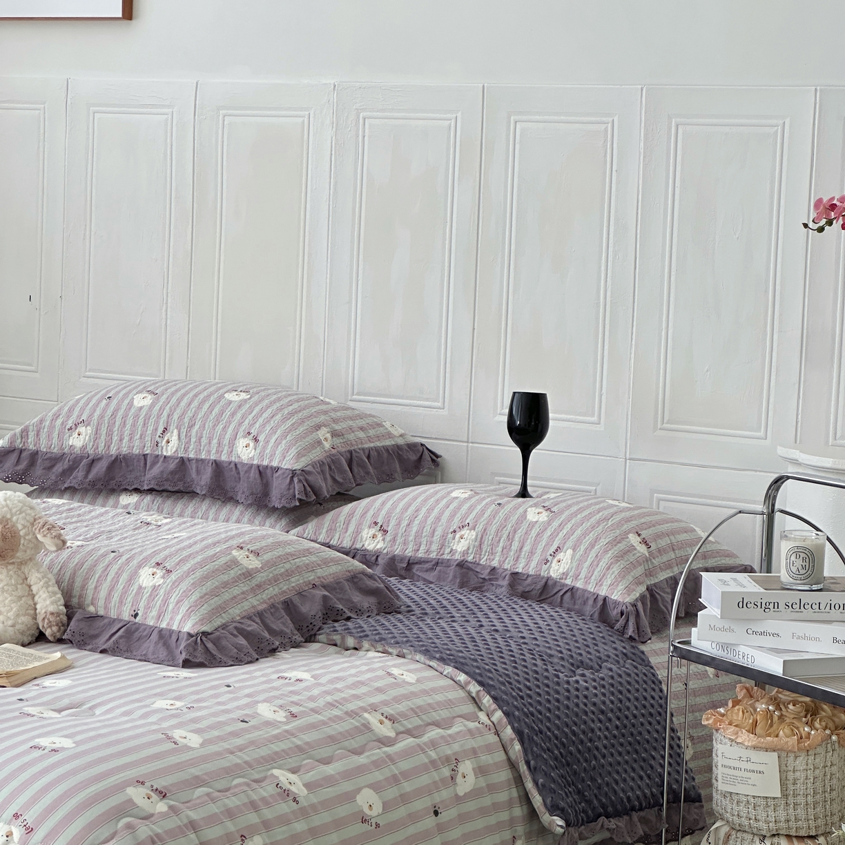 91家纺网 家纺一手货源 找家纺 佰织鑫家居 2025秋冬新品全棉法式床盖款豆豆被四件套 泰迪紫