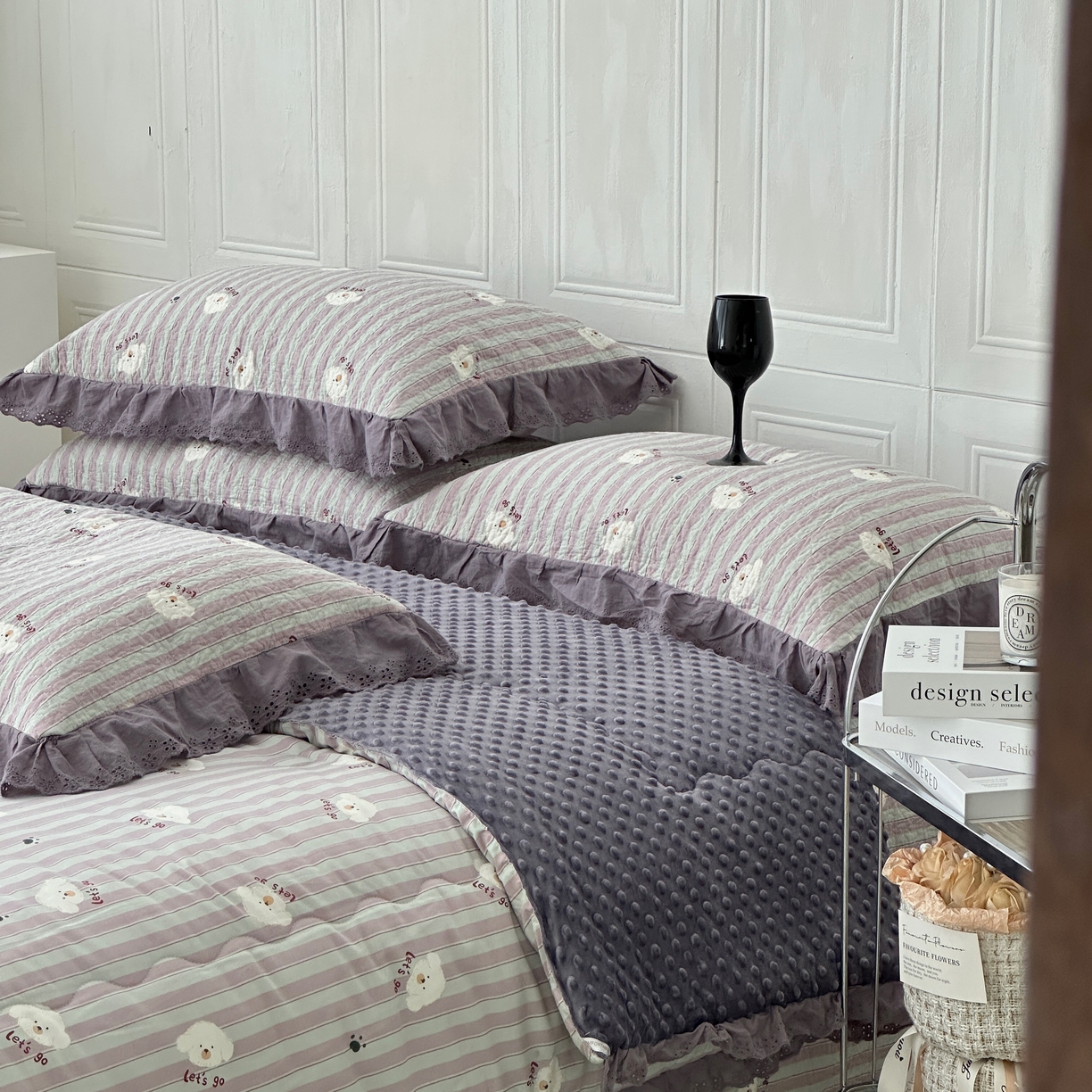 91家纺网 家纺一手货源 找家纺 佰织鑫家居 2025秋冬新品全棉法式床盖款豆豆被四件套 泰迪紫