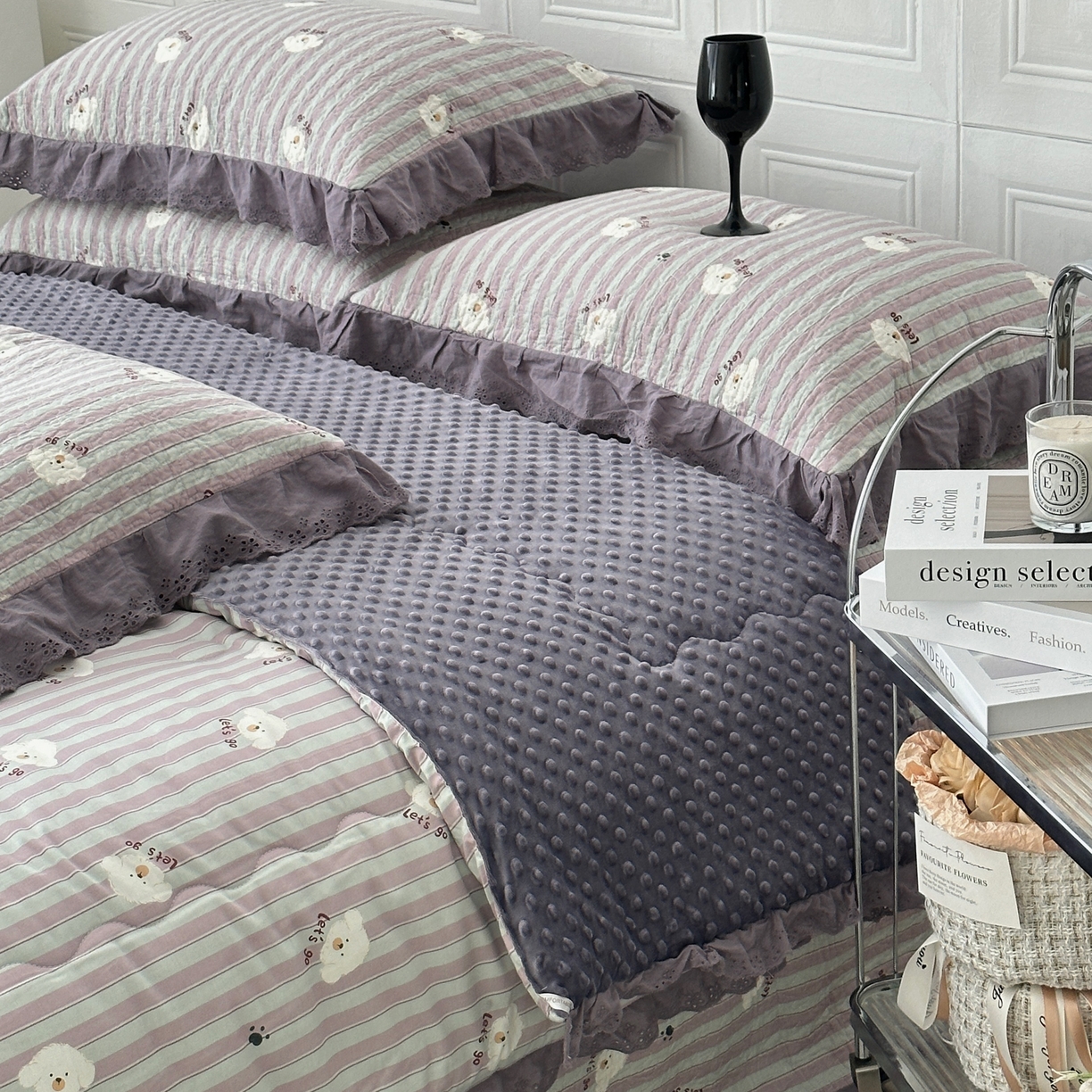 91家纺网 家纺一手货源 找家纺 佰织鑫家居 2025秋冬新品全棉法式床盖款豆豆被四件套 泰迪紫