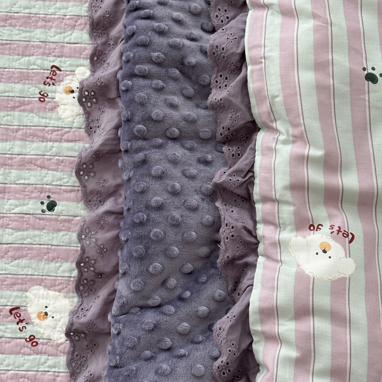 91家纺网 家纺一手货源 找家纺 佰织鑫家居 2025秋冬新品全棉法式床盖款豆豆被四件套 泰迪紫