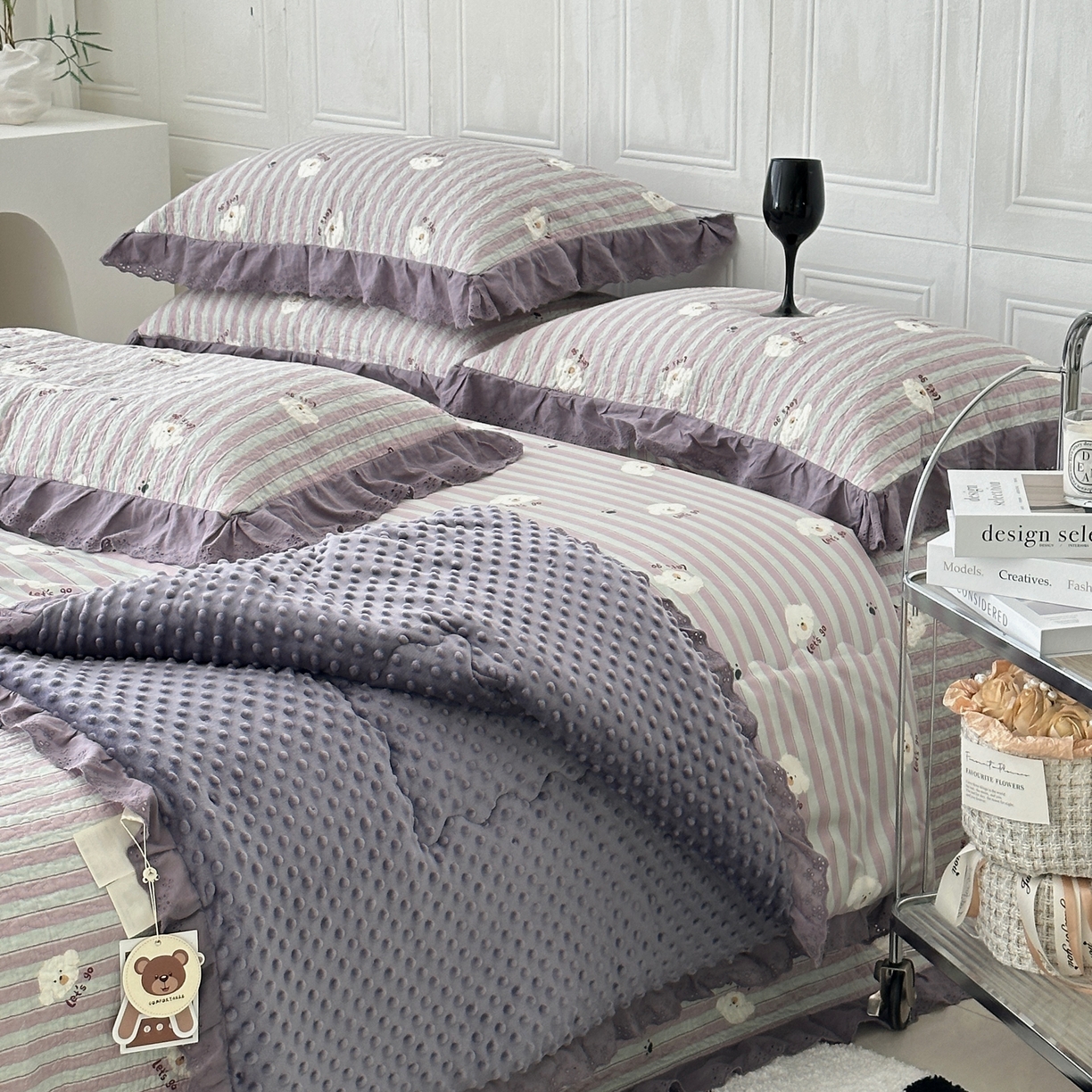 91家纺网 家纺一手货源 找家纺 佰织鑫家居 2025秋冬新品全棉法式床盖款豆豆被四件套 泰迪紫