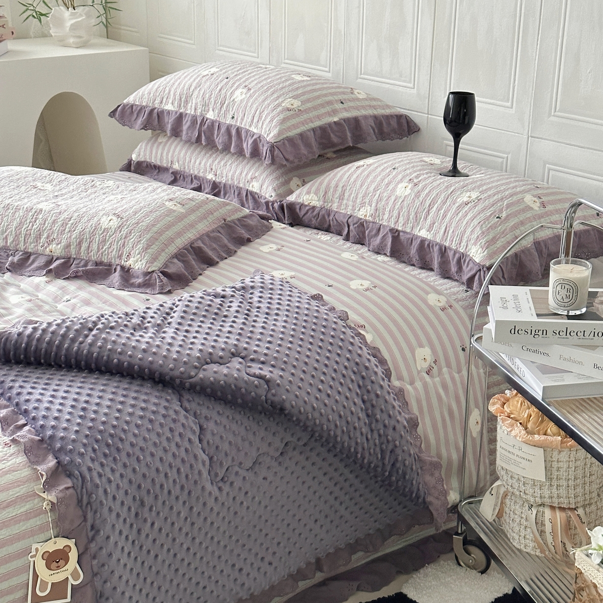 91家纺网 家纺一手货源 找家纺 佰织鑫家居 2025秋冬新品全棉法式床盖款豆豆被四件套 泰迪紫