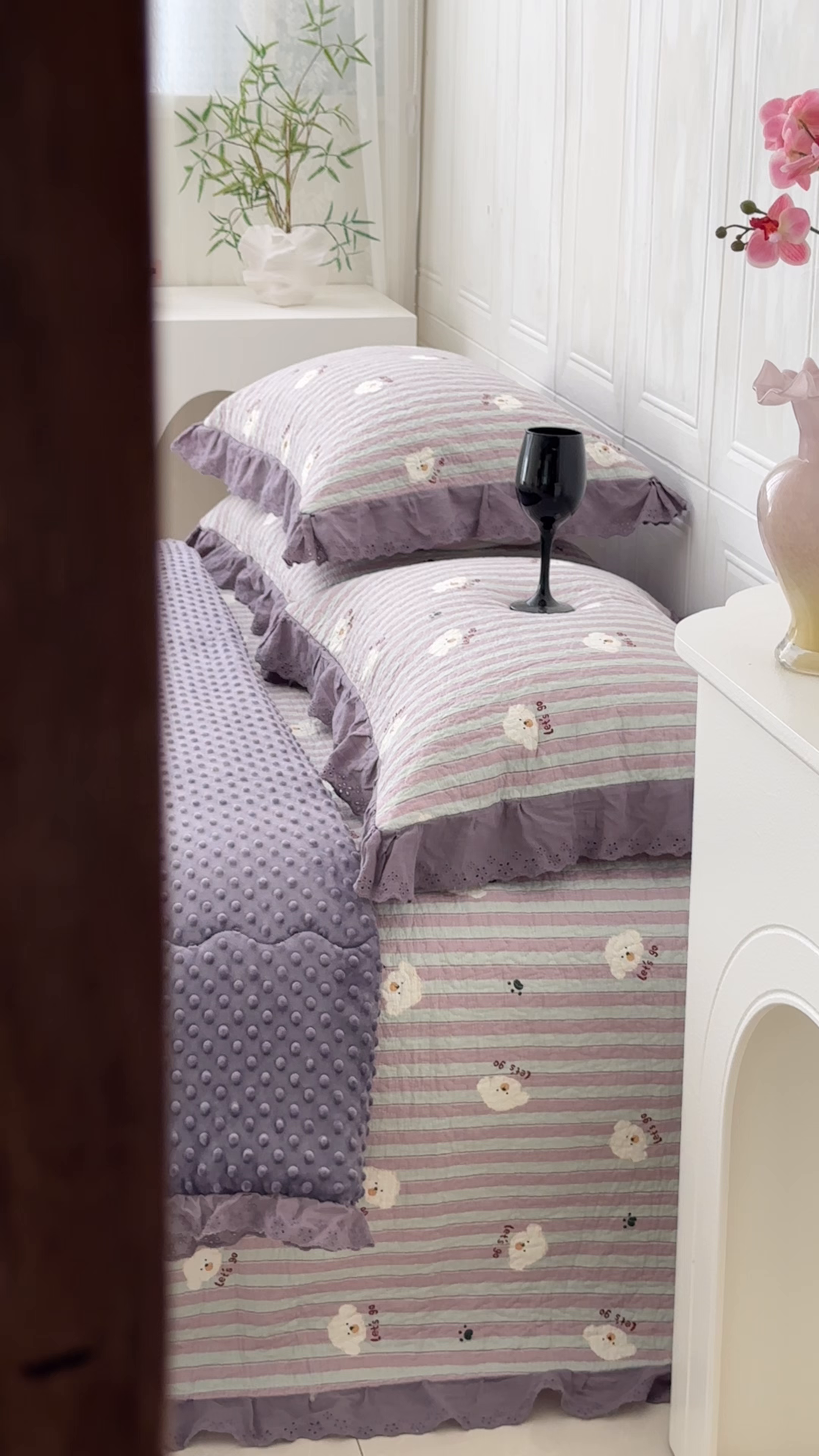 91家纺网 家纺一手货源 找家纺 佰织鑫家居 2025秋冬新品全棉法式床盖款豆豆被四件套 泰迪紫