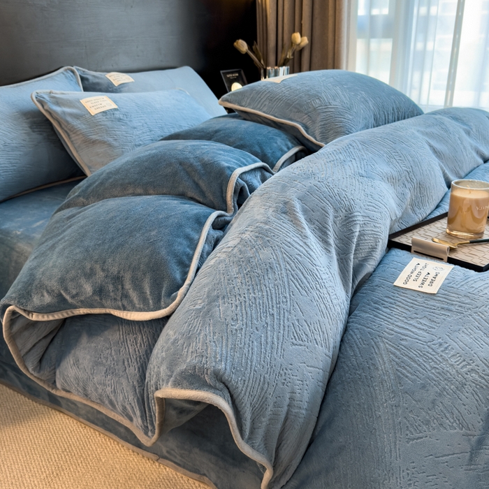 印季家纺 2025新款牛奶绒包边款烂花四件套 蓝灰-蓝灰