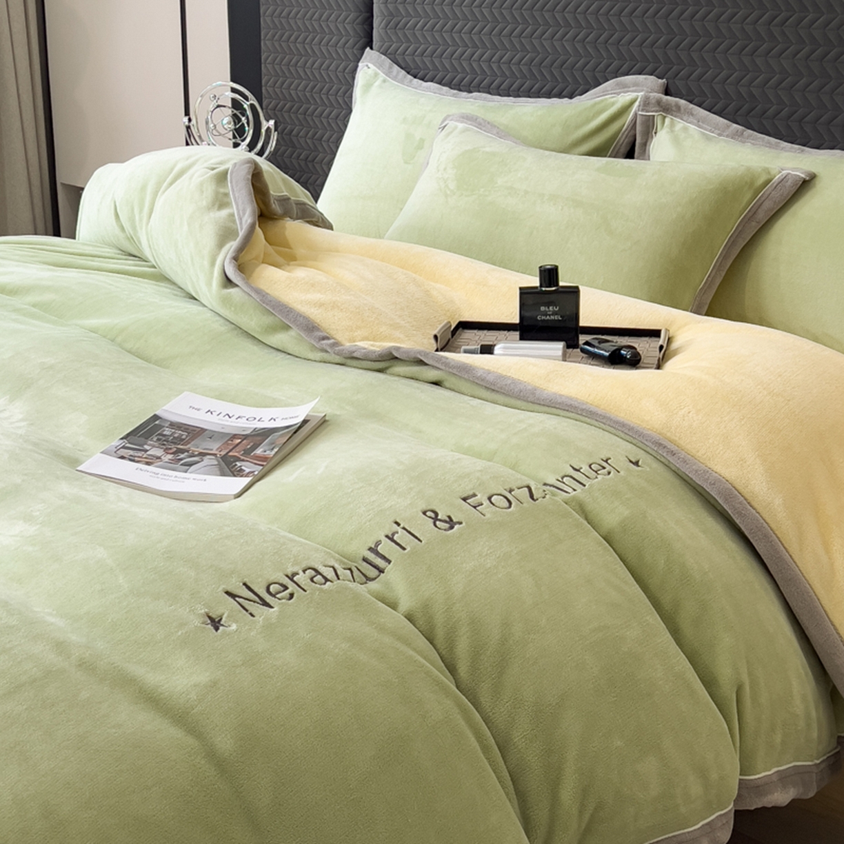 91家纺网 家纺一手货源 找家纺 印季家纺 2025新款牛奶绒两星绣花包边四件套 草绿-奶油黄