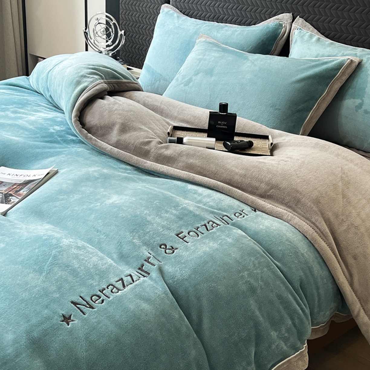 印季家纺 2025新款牛奶绒两星绣花包边四件套 宾利兰-马丁灰