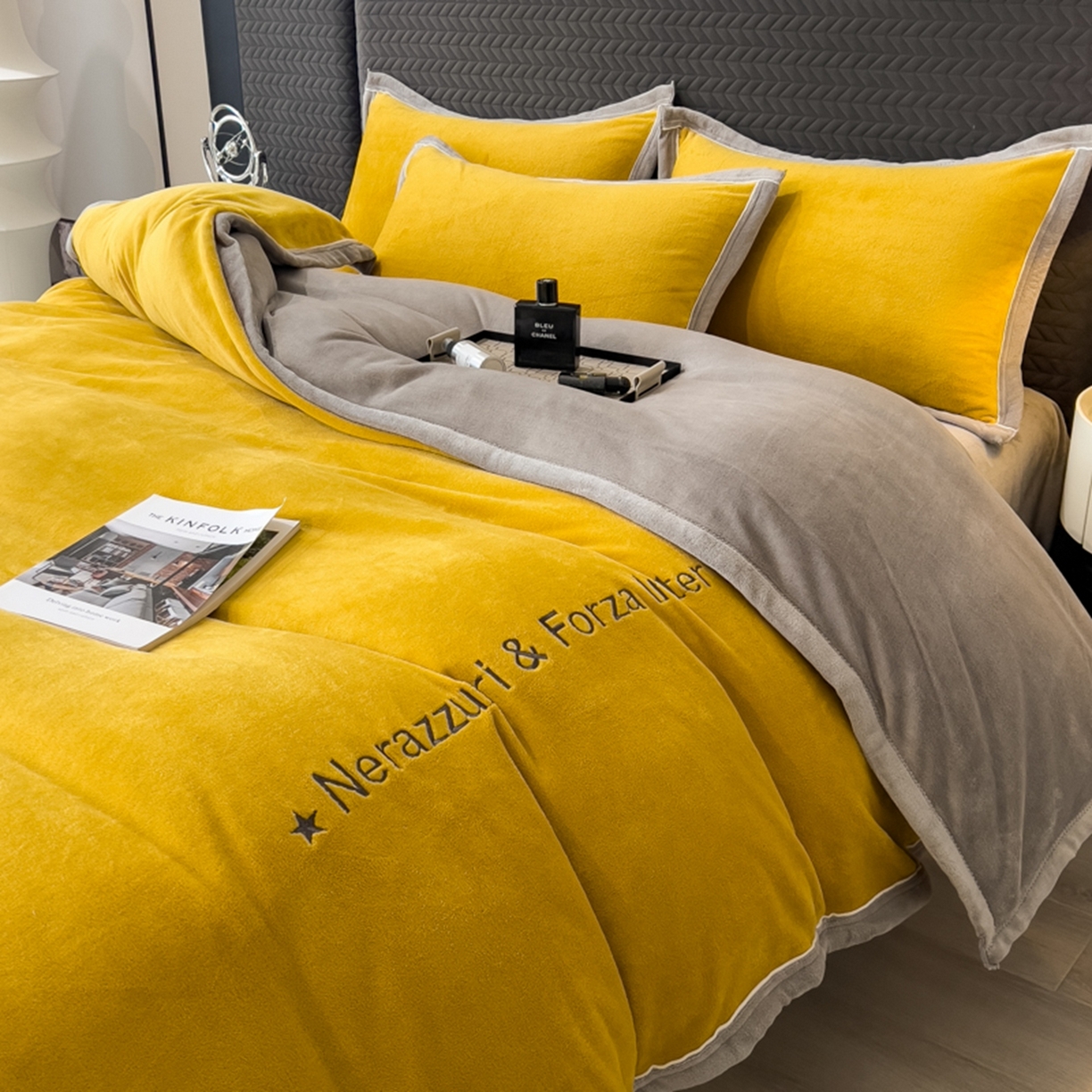 印季家纺 2025新款牛奶绒两星绣花包边四件套 姜黄-马丁灰