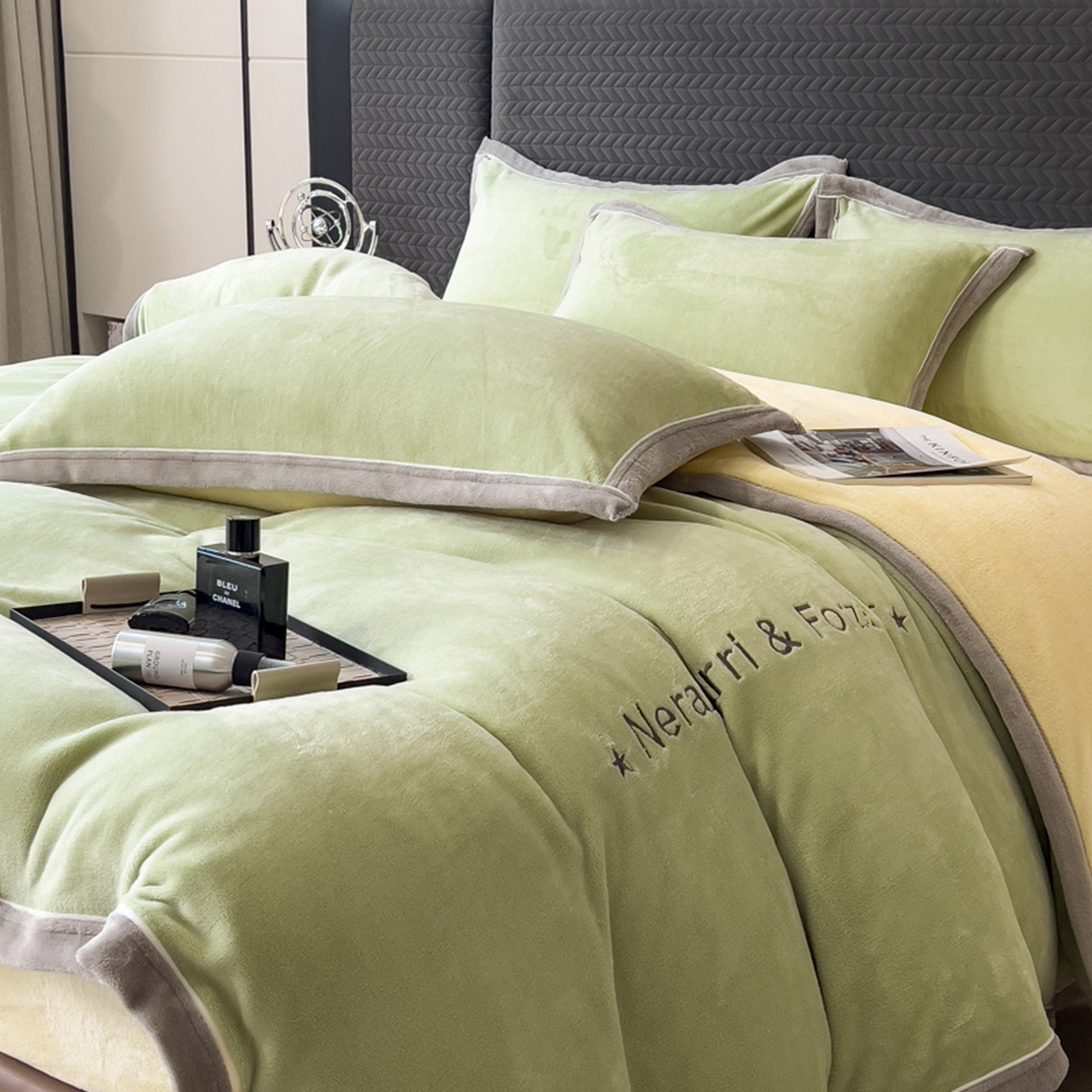 91家纺网 家纺一手货源 找家纺 印季家纺 2025新款牛奶绒两星绣花包边四件套 草绿-奶油黄