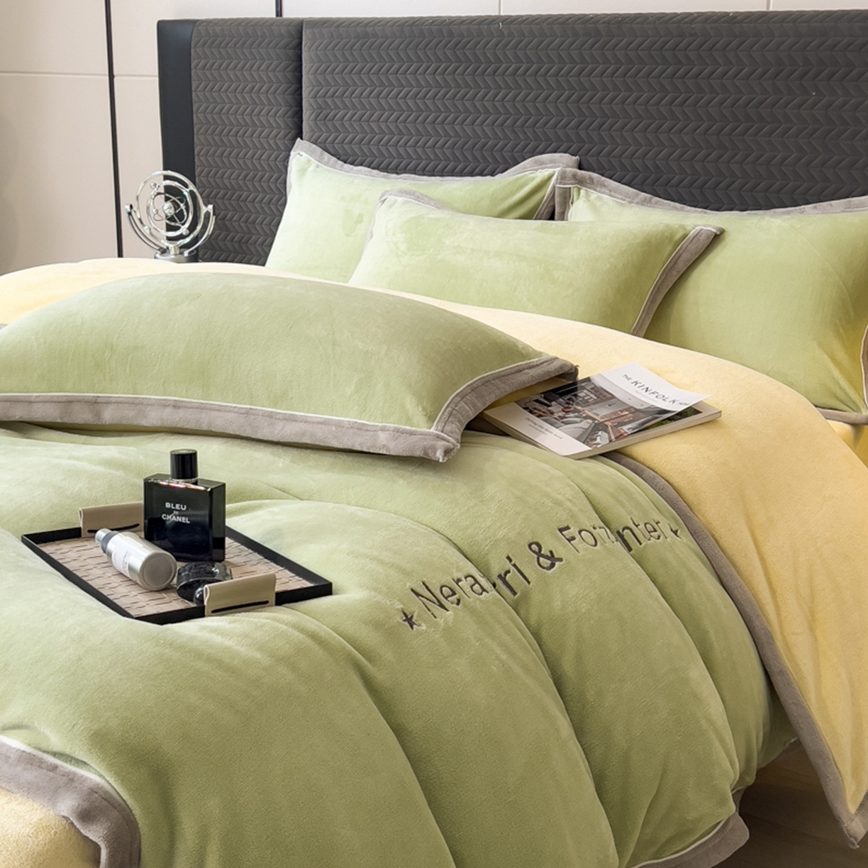 91家纺网 家纺一手货源 找家纺 印季家纺 2025新款牛奶绒两星绣花包边四件套 草绿-奶油黄