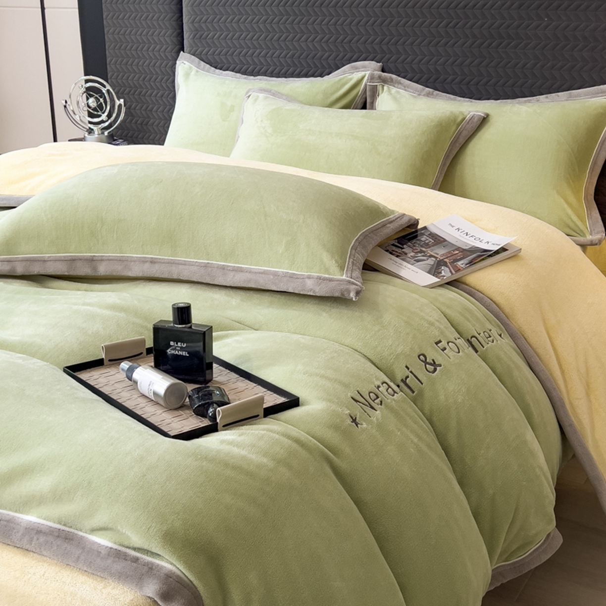 91家纺网 家纺一手货源 找家纺 印季家纺 2025新款牛奶绒两星绣花包边四件套 草绿-奶油黄