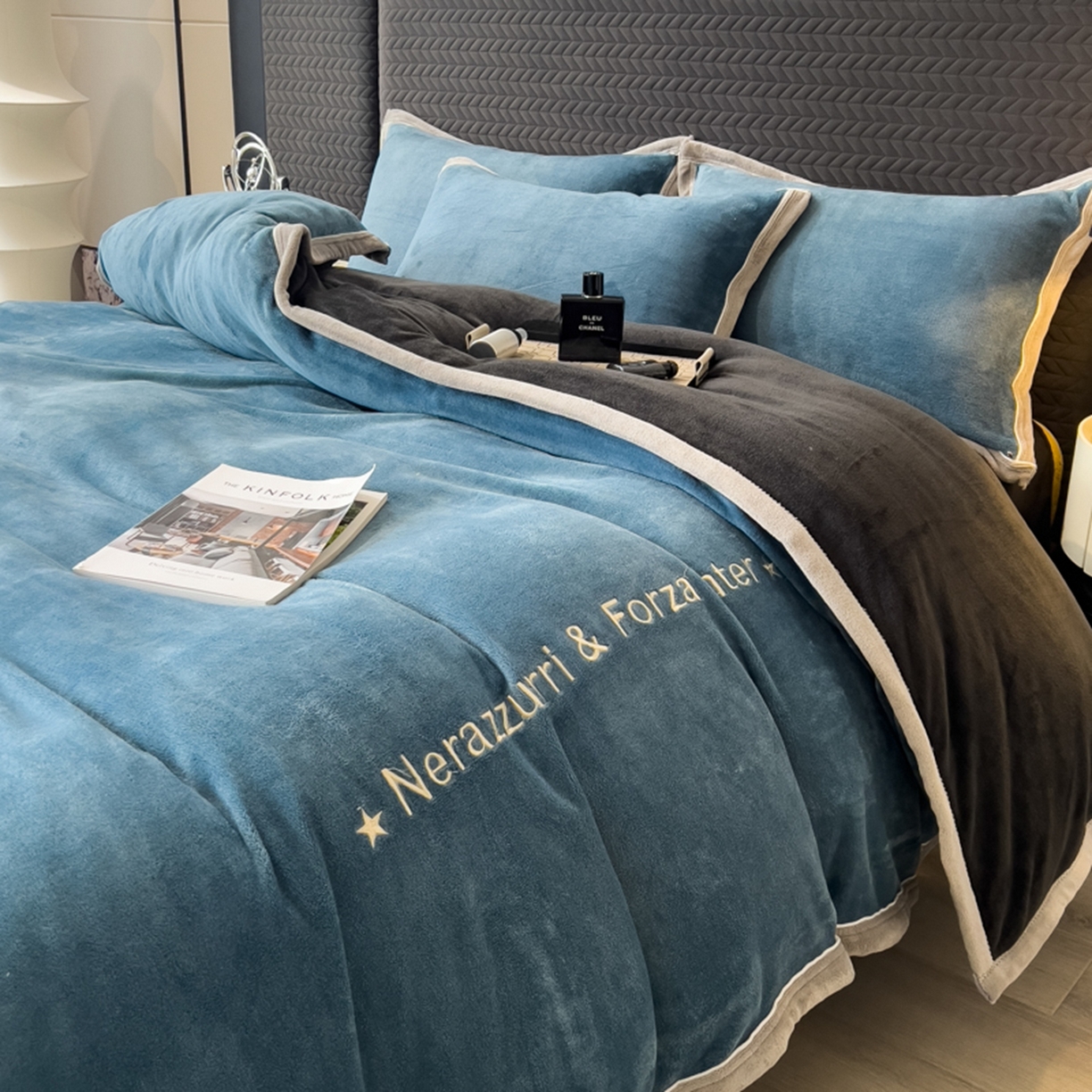 印季家纺 2025新款牛奶绒两星绣花包边四件套 蓝灰-深灰