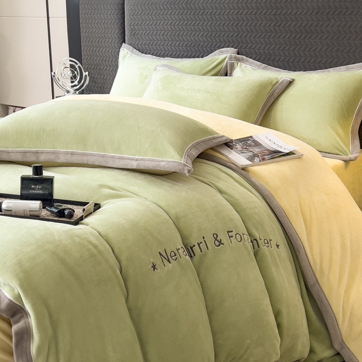 91家纺网 家纺一手货源 找家纺 印季家纺 2025新款牛奶绒两星绣花包边四件套 草绿-奶油黄