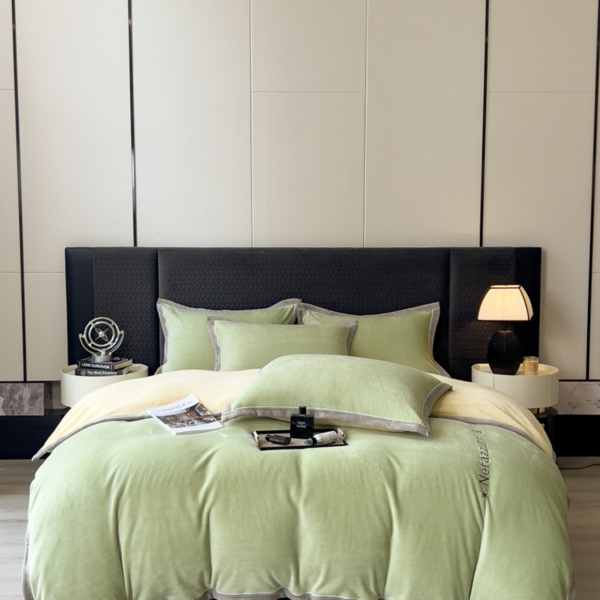 91家纺网 家纺一手货源 找家纺 印季家纺 2025新款牛奶绒两星绣花包边四件套 草绿-奶油黄