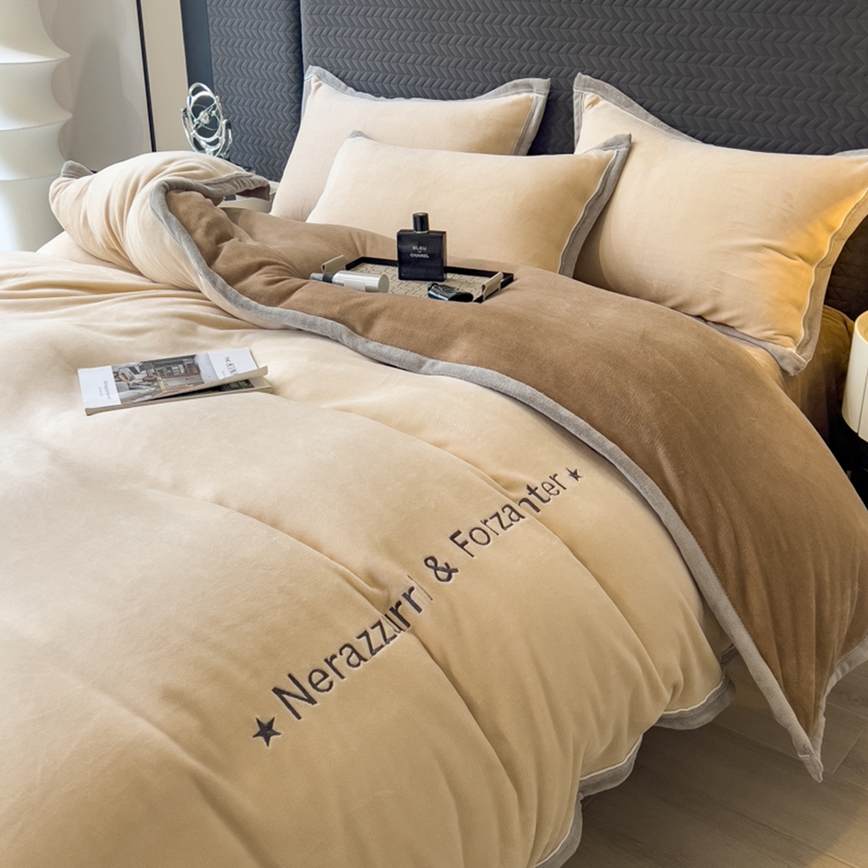 印季家纺 2025新款牛奶绒两星绣花包边四件套 米驼-咖啡