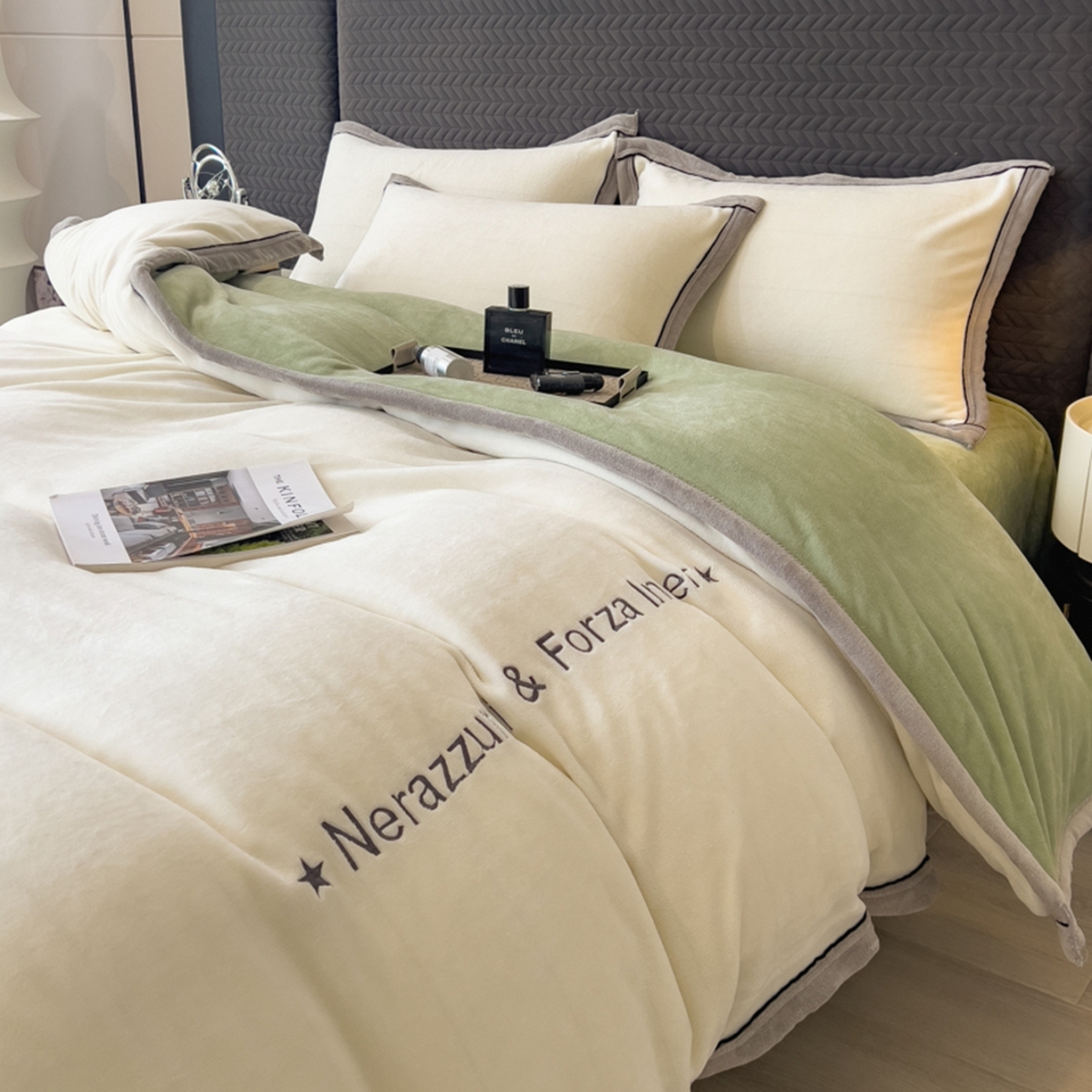 印季家纺 2025新款牛奶绒两星绣花包边四件套 奶白-草绿