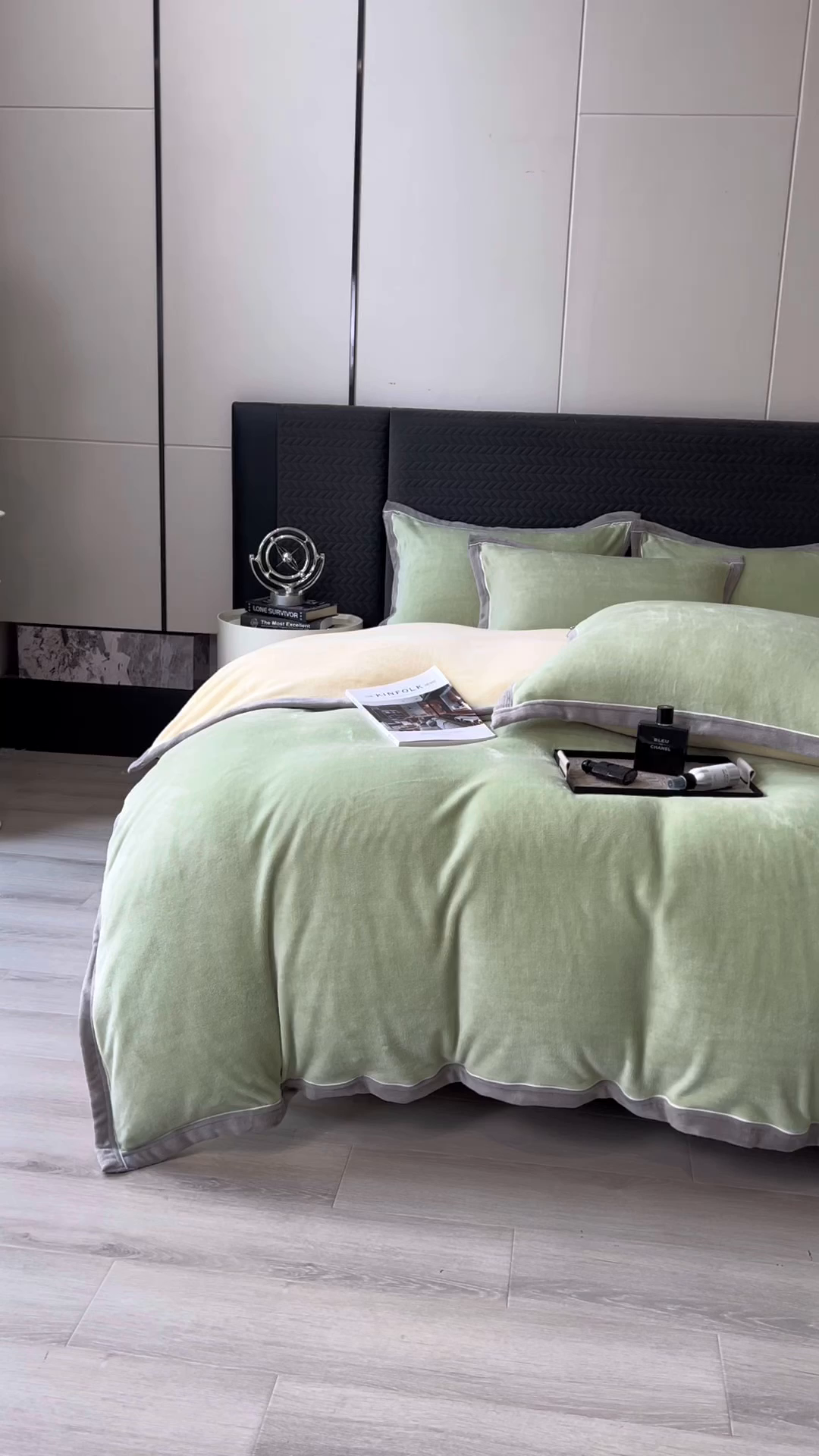 91家纺网 家纺一手货源 找家纺 印季家纺 2025新款牛奶绒两星绣花包边四件套 草绿-奶油黄