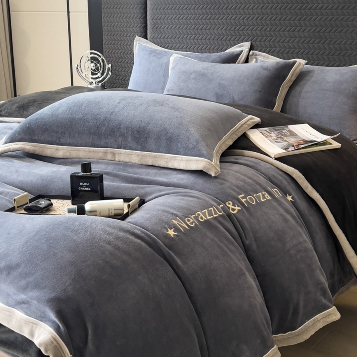 91家纺网 家纺一手货源 找家纺 印季家纺 2025新款牛奶绒两星绣花包边四件套 紫灰-深灰