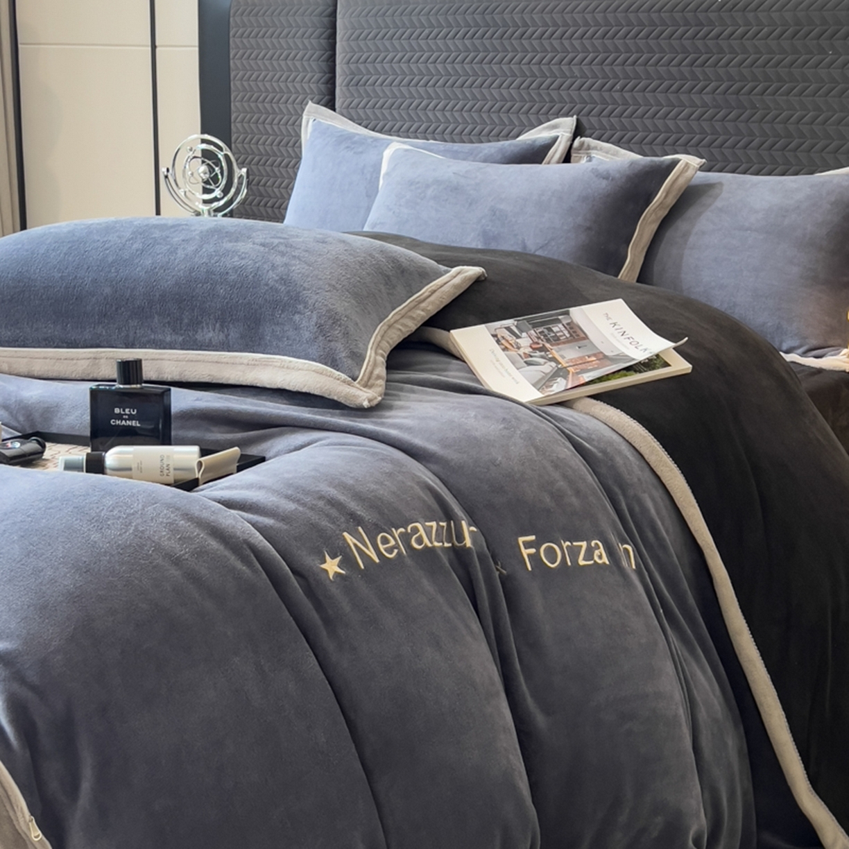 91家纺网 家纺一手货源 找家纺 印季家纺 2025新款牛奶绒两星绣花包边四件套 紫灰-深灰