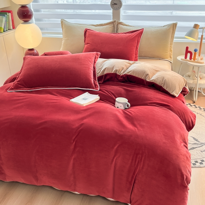 91家纺网 家纺一手货源 找家纺 润肤居 2025新款加厚婴儿绒牛奶绒四件套9斤工艺款宝宝绒 晨曦红+浅驼