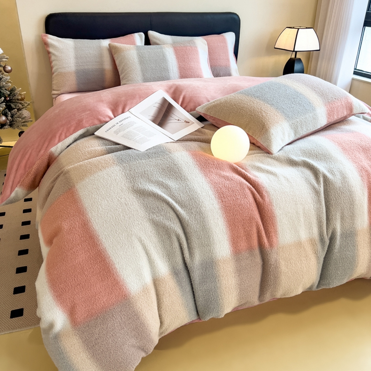 91家纺网 家纺一手货源 找家纺 印季家纺 2025新款轻奢简约羊呢绒亲肤保暖四件套 五彩大格