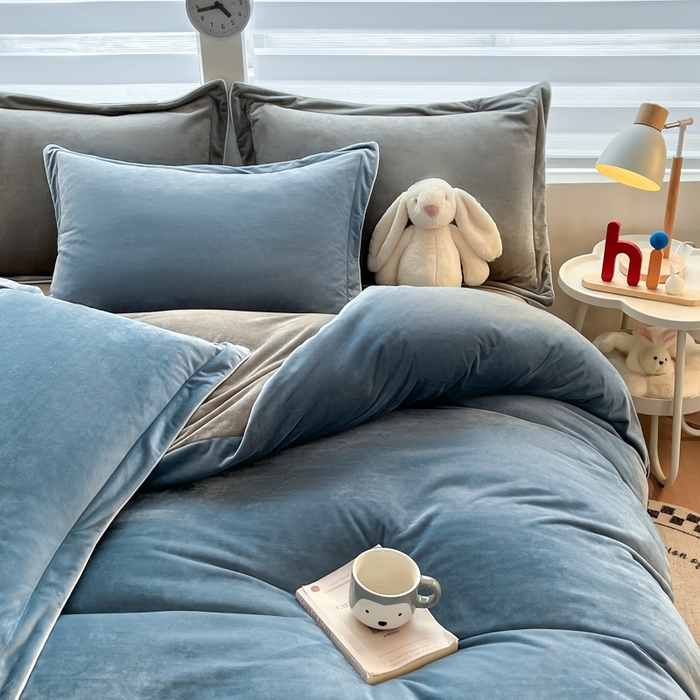 91家纺网 家纺一手货源 找家纺 润肤居 2025新款加厚婴儿绒牛奶绒四件套9斤工艺款宝宝绒 蓝色+灰咖