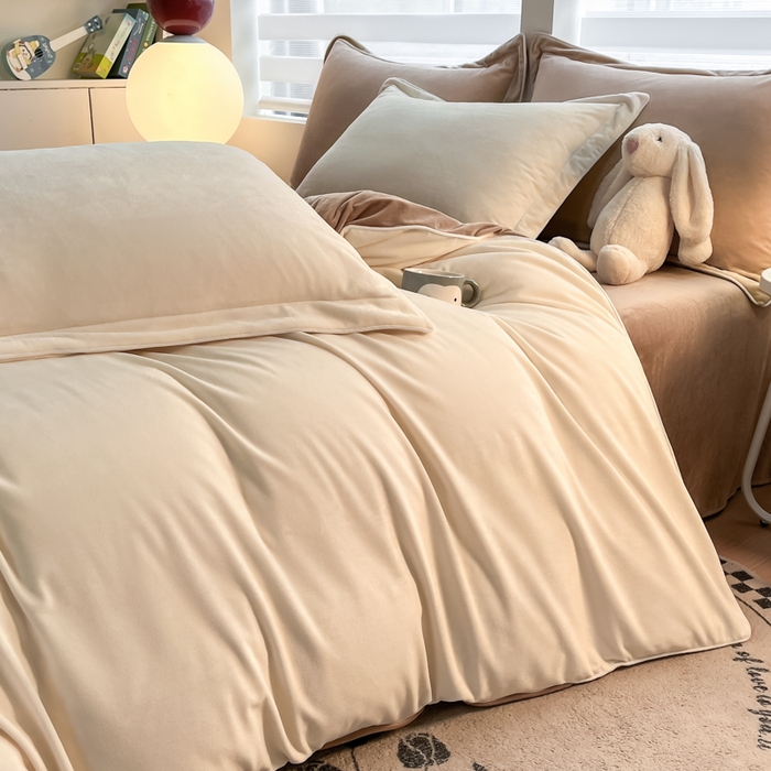 91家纺网 家纺一手货源 找家纺 润肤居 2025新款加厚婴儿绒牛奶绒四件套9斤工艺款宝宝绒 米白+浅驼