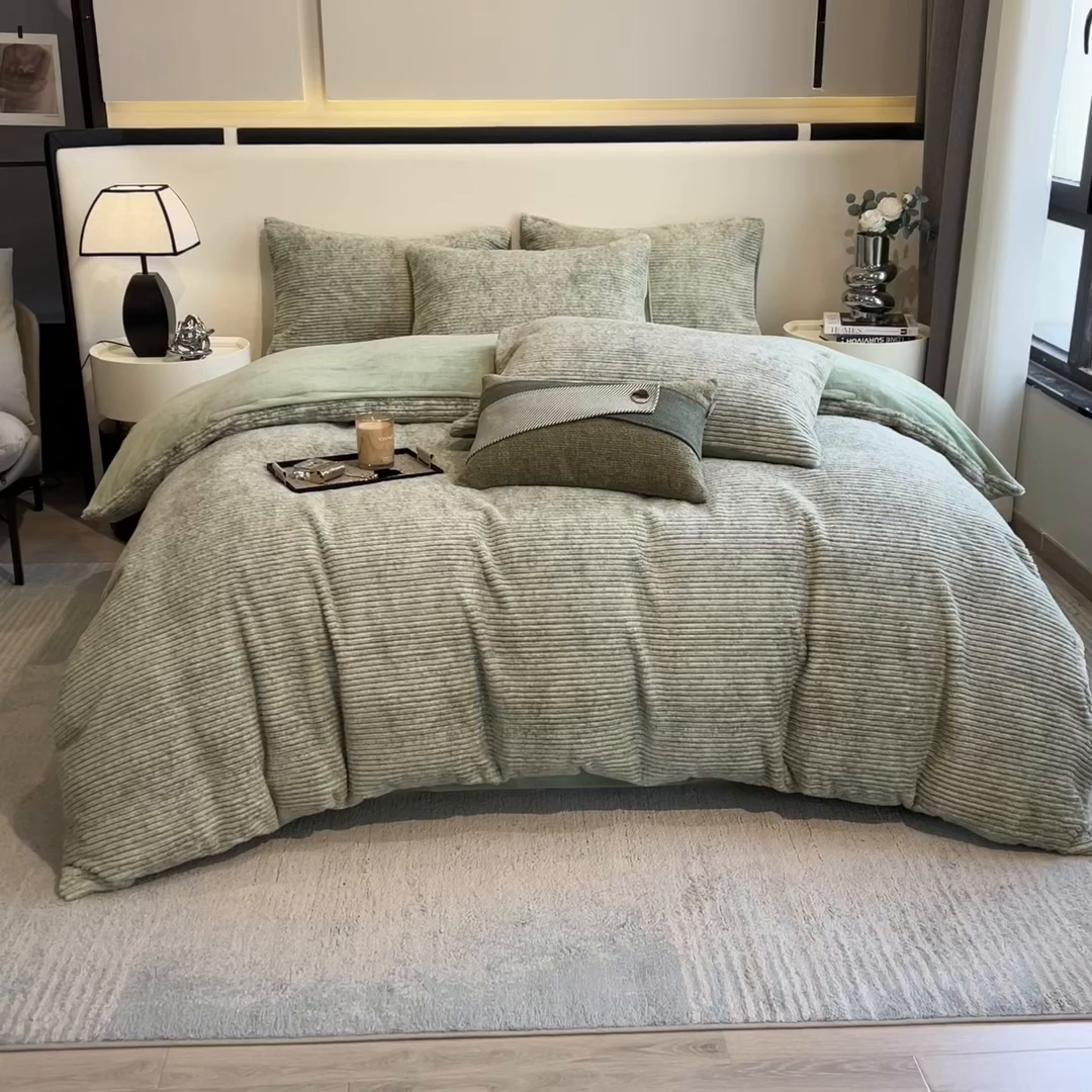 91家纺网 家纺一手货源 找家纺 （总）印季家纺 2025新款针织兔毛条纹四件套