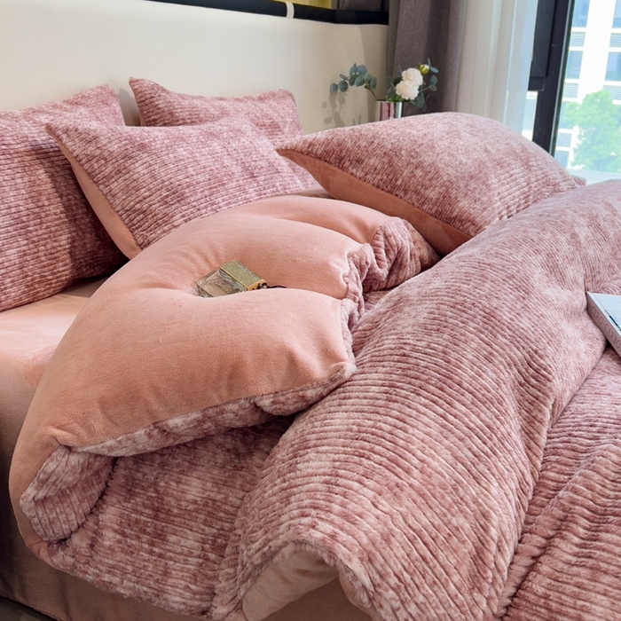 印季家纺 2025新款针织兔毛条纹四件套 酒红-豆沙