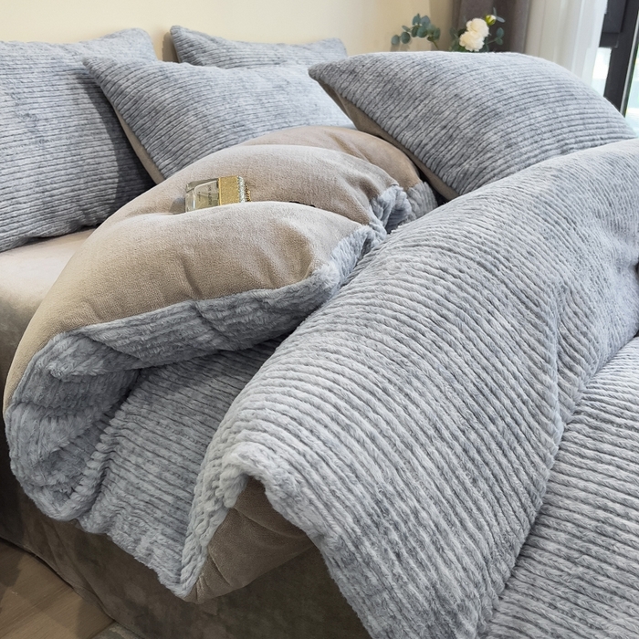 印季家纺 2025新款针织兔毛条纹四件套 蓝灰-马丁灰