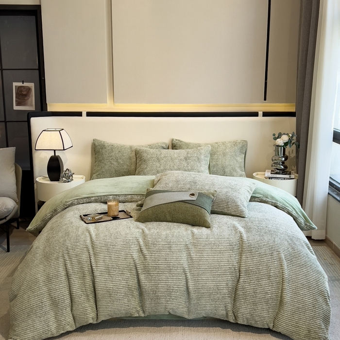 91家纺网 家纺一手货源 找家纺 印季家纺 2025新款针织兔毛条纹四件套 草绿-草绿