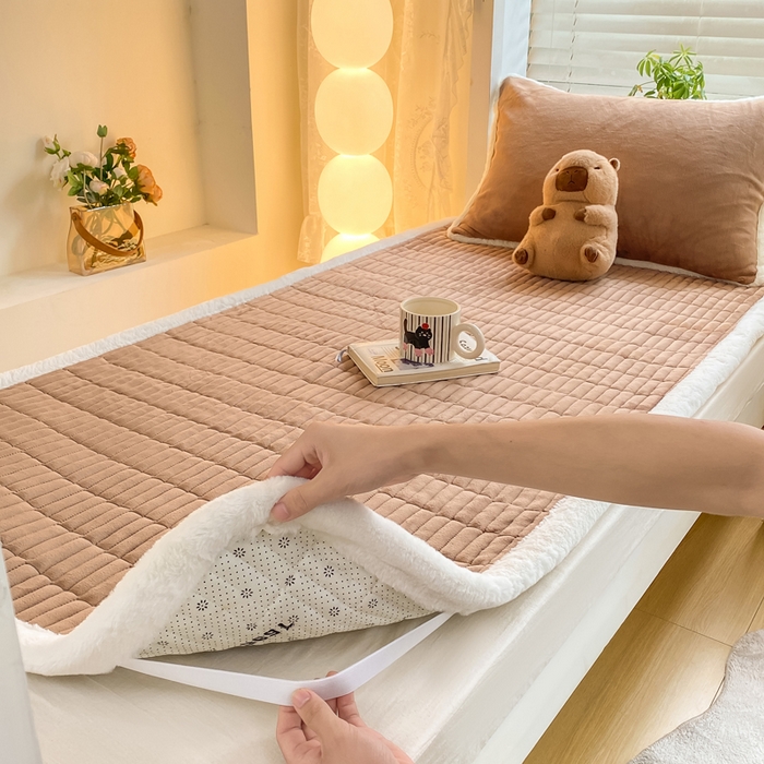 91家纺网 家纺一手货源 找家纺 梦初语 2025新款纯色牛奶绒贴布绣床垫褥冬季加绒加厚防滑学生宿舍 -直播爆款（面料175克-夹棉200克-底布80克防滑滴塑布） 维尼-棕