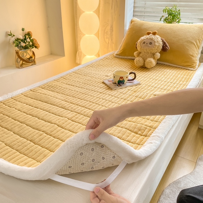 91家纺网 家纺一手货源 找家纺 梦初语 2025新款纯色牛奶绒贴布绣床垫褥冬季加绒加厚防滑学生宿舍 -直播爆款（面料175克-夹棉200克-底布80克防滑滴塑布） 维尼-咖